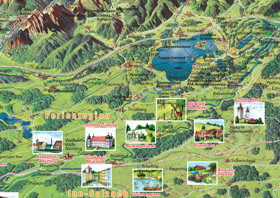 Hand-drawn panorama map Chiemsee
